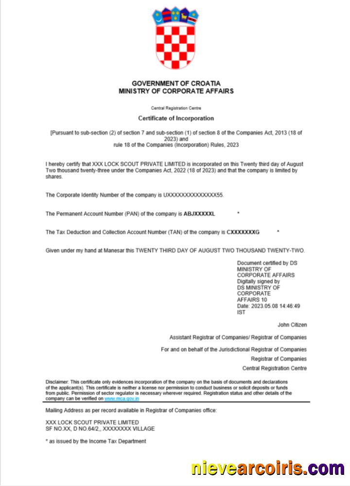 Croatia certificate of registration